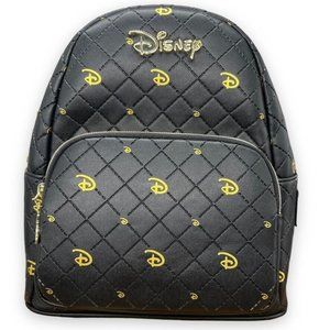 Disney x Loungefly Gold Icon Black Quilted Mini Backpack Faux Leather Hot‎ Topic